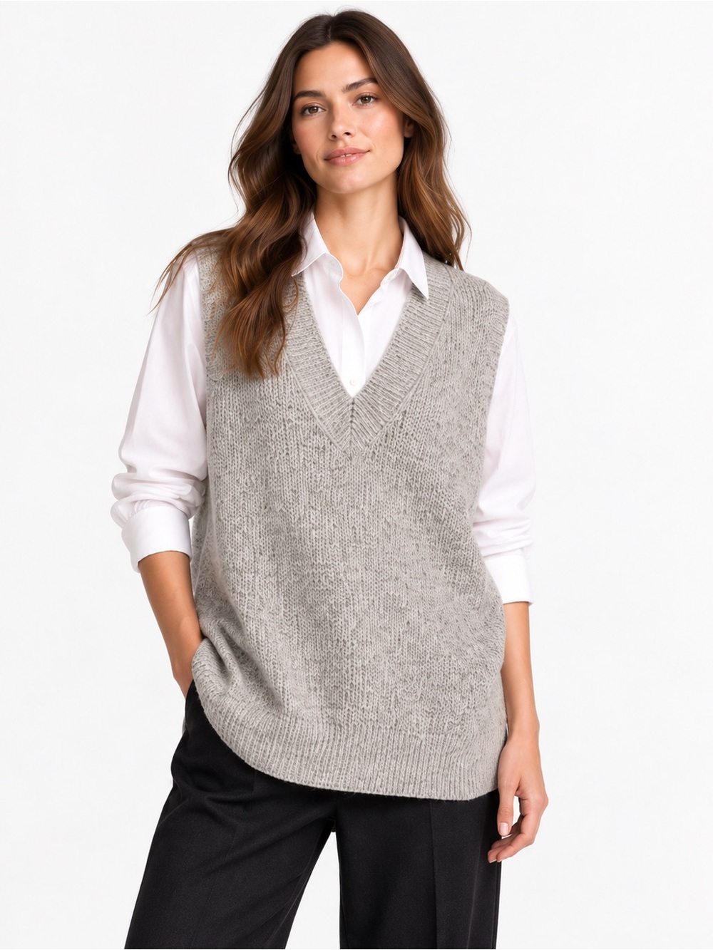 Halogen Longline V-Neck Sweater Vest Oversized Heather Grey, women’s Medium EUC